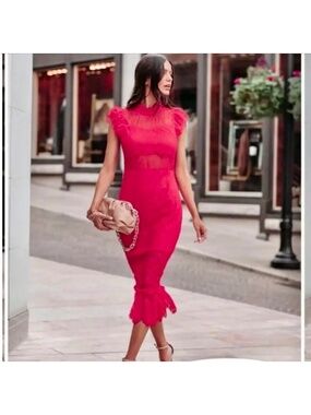 Endless Rose Saige Sheer Lace Midi Dress Fuchsia Pink Women's Size Medium